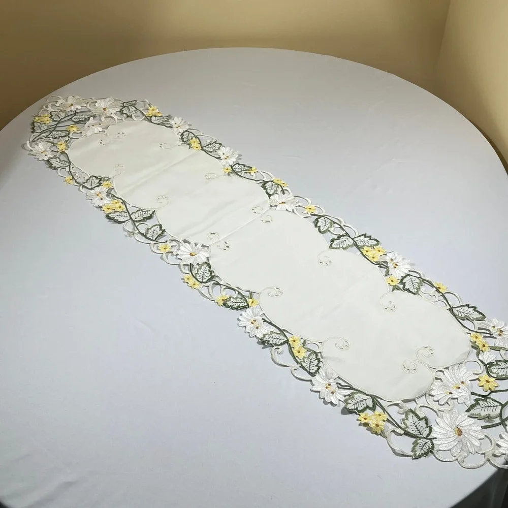 WMG Table Runner Home 57x14 White Yellow Green Embroidered Daisy Floral Lace